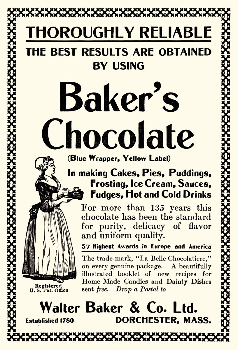Baker’s Chocolate ad, early 20th century: “Thoroughly reliable. The best results are obtained by using Baker’s Chocolate.” Ad in a 1916 community cookbook.; chocolate; cocoa; advertising; Baker’s Coconut; nineteen-teens; 1910s