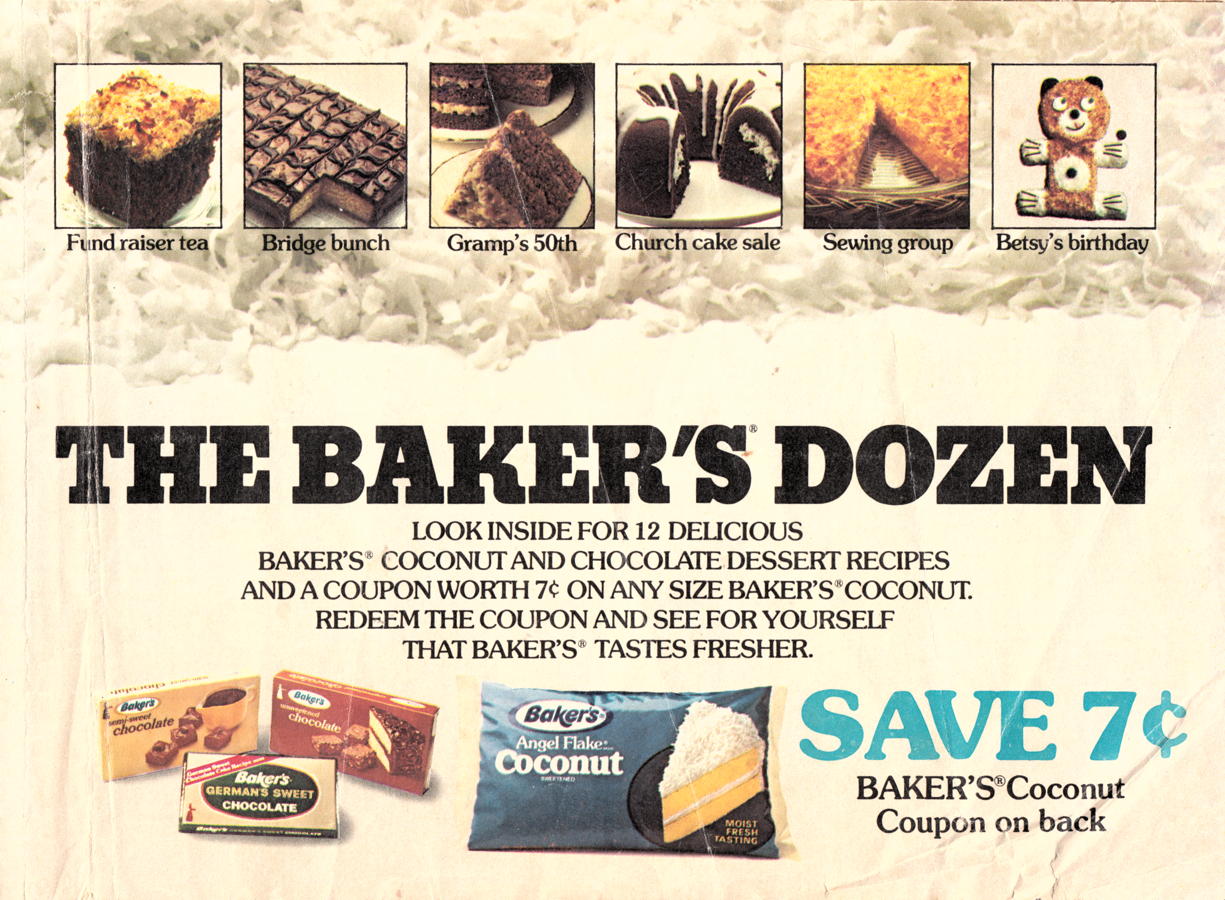 The Baker’s Dozen: Cover of the General Foods The Baker’s Dozen, from McCall’s Magazine in 1976.; cookbooks; Baker’s Coconut