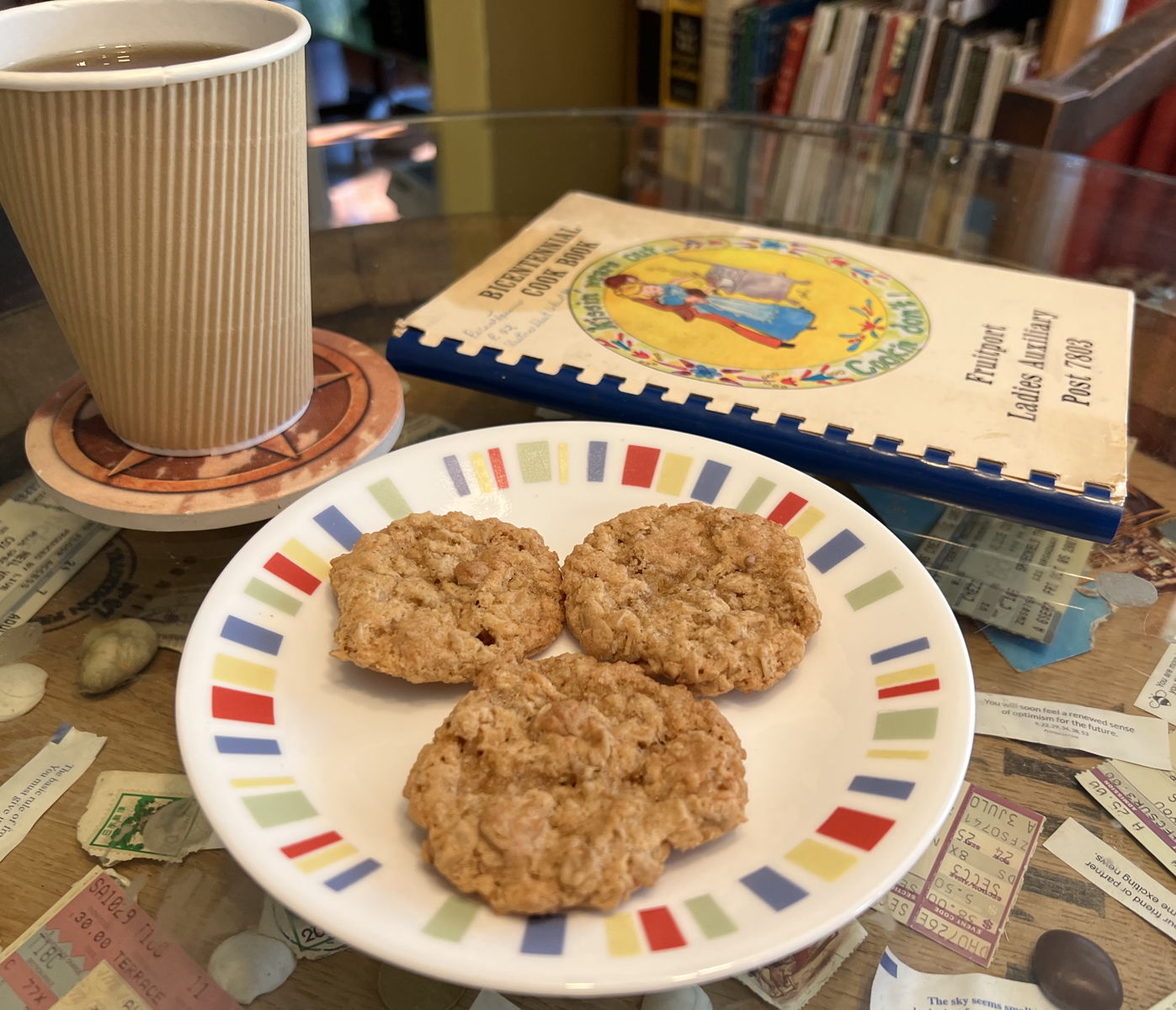 Fruitport coconut oatmeal cookies: Coconut oatmeal cookies by Phyllis Loughmiller, from the 1976 Fruitport Bicentennial Cook Book.; cookies; oatmeal; coconut; Fruitport, Michigan