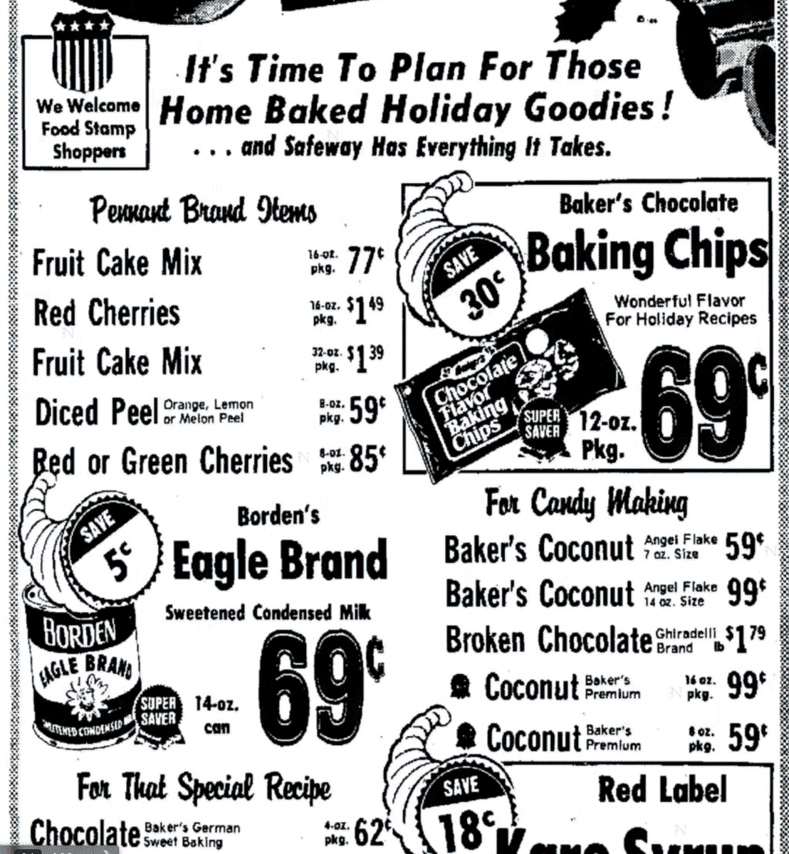 Baker’s 1976 prices: Ads for Baker’s Coconut and Baker’s Chocolate from the Pocatello, Idaho edition of the Idaho State Journal, November 3, 1976.; seventies; 1970s; Baker’s Coconut; Idaho; Safeway