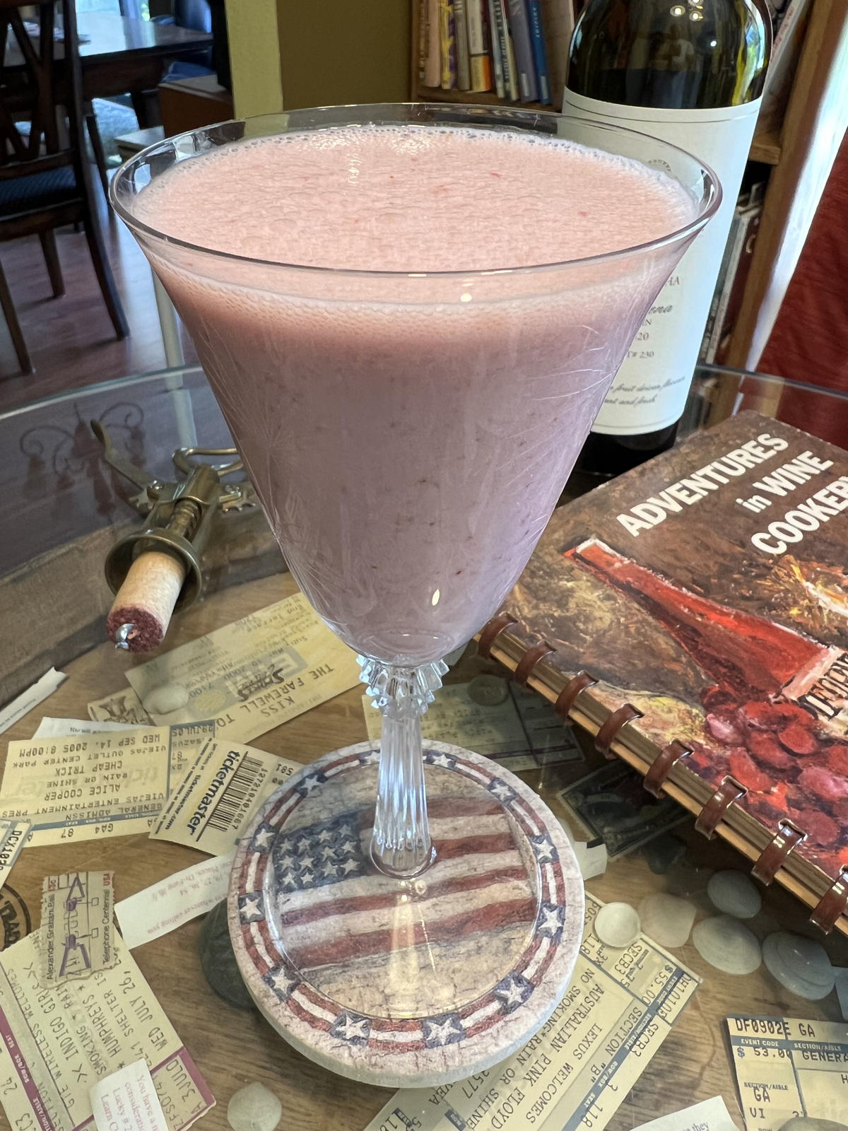 Sophisticated Strawberry Shake: Gertrude Harrah’s sophisticated strawberry shake, from the 1965 Adventures in Wine Cookery.; California; wine; strawberries; milk shake