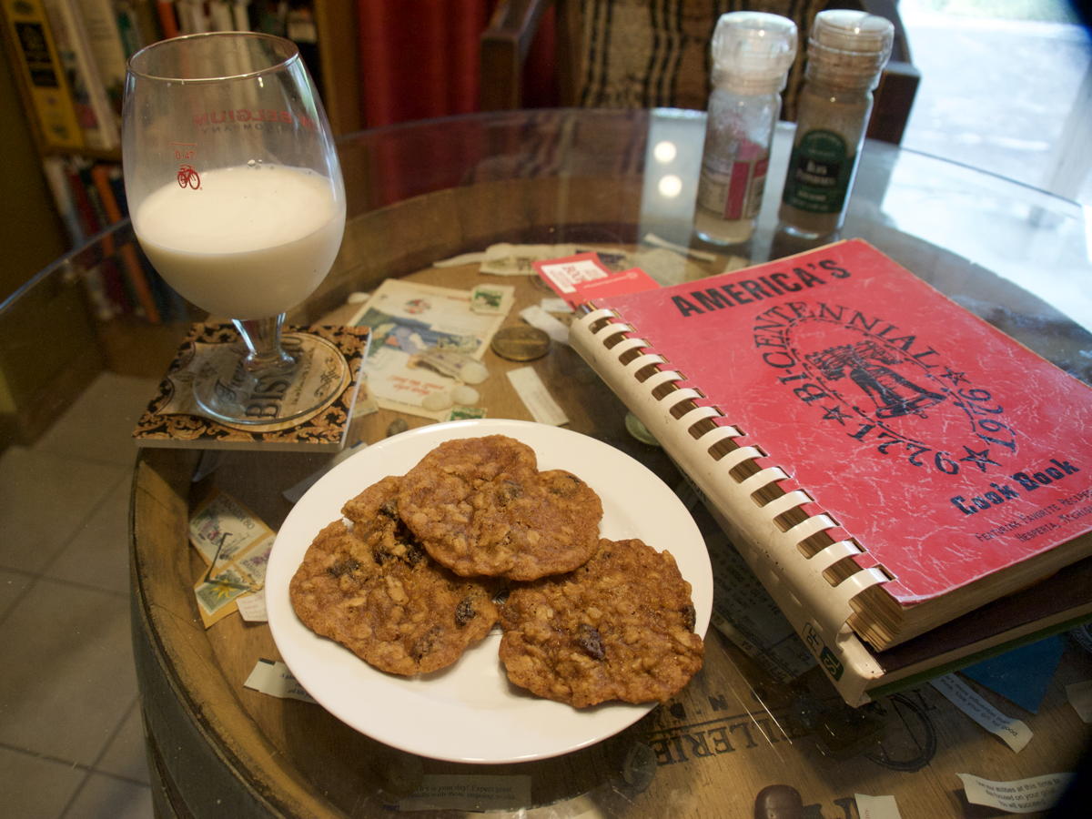 Oatmeal raisin cookies: Mary Starks’s ocrisp oatmeal cookies from America’s Bicentennial.; cookies; oatmeal; raisins