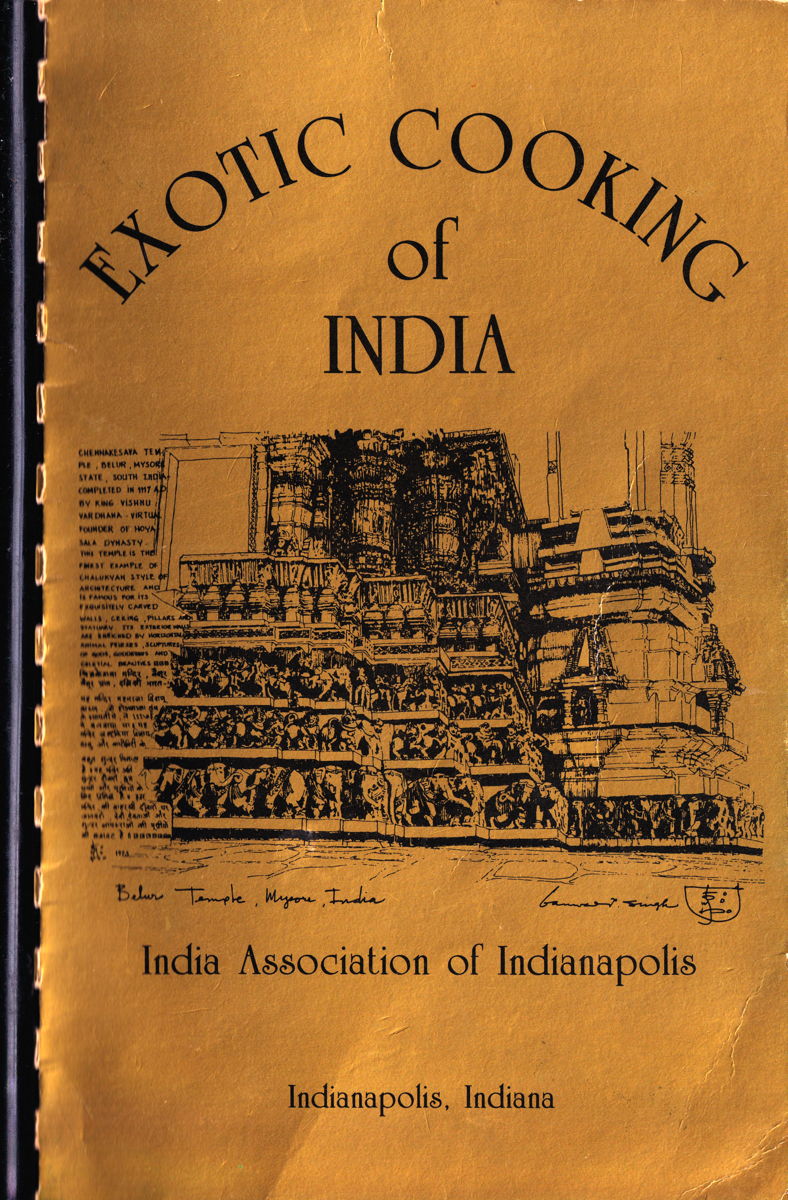 Exotic Cooking of India: Cover of the 1985 India Association of Indianapolis community cookbook, Exotic Cooking.; cookbooks; India; Indianapolis, Indiana