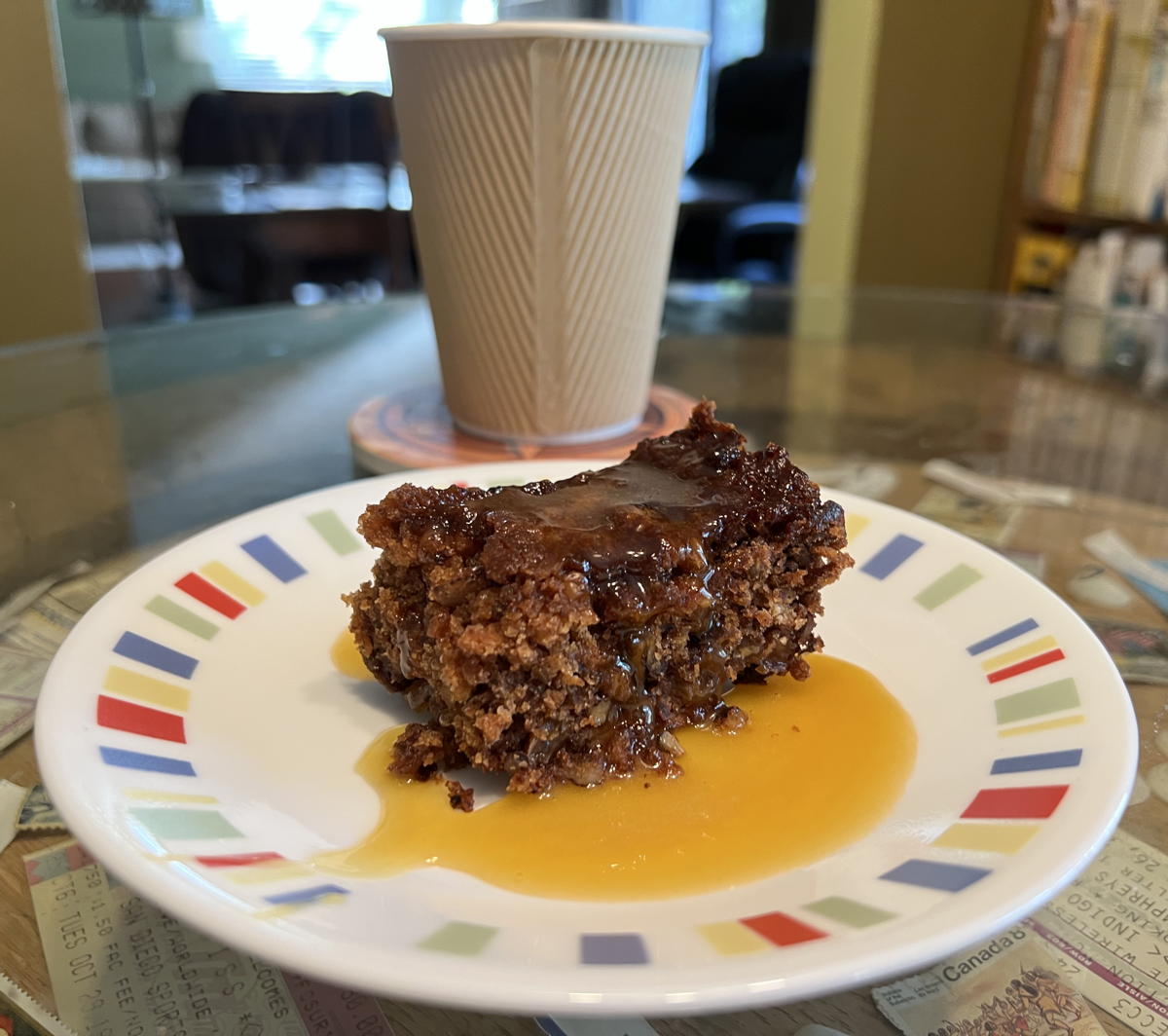 Spiced bread crumb pudding: Spiced bread crumb pudding from the Best of the Best of America, with Franklin caramel syrup from Franklin Golden Syrup Recipes.; pudding; golden syrup