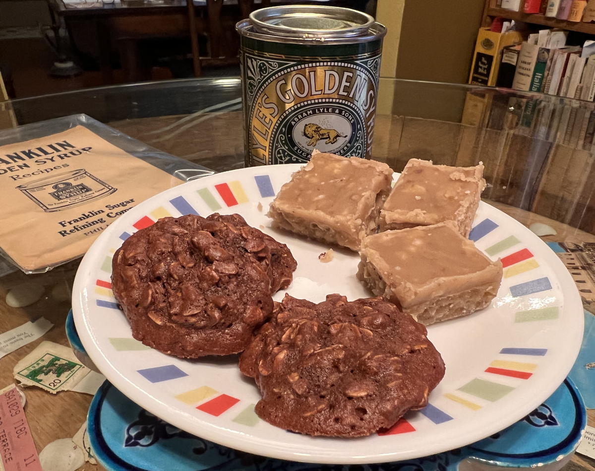 Chocolate oat cakes and walnut creams: Two very nice sweets made from golden syrup using recipes from the Franklin Golden Syrup Recipes pamphlet.; chocolate; cocoa; cookies; walnuts; fudge; golden syrup