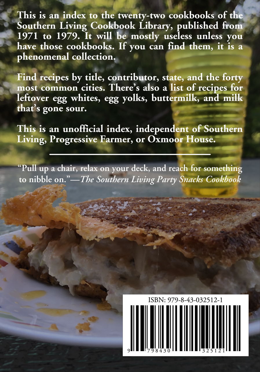 Southern Living Index back cover: The back cover, with ISBN, of the Unofficial Index of the Southern Living Cookbook Library.; Southern Living; ISBN
