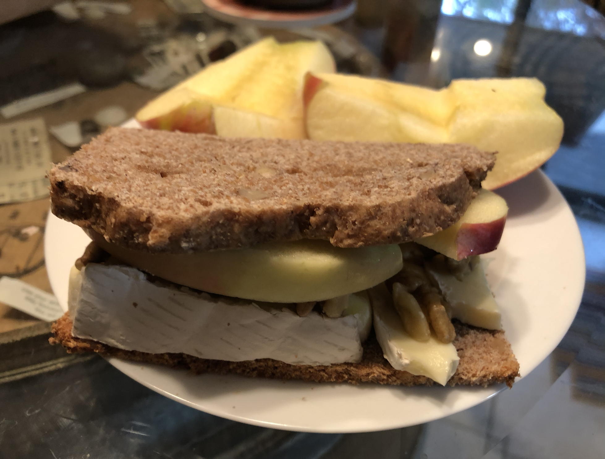 Apple and brie sandwich: Apple and brie sandwich on maple walnut bread, from Donna Rathmell German’s Bread Machine Cookbook Volume IV.; cheese; maple; walnuts; apples