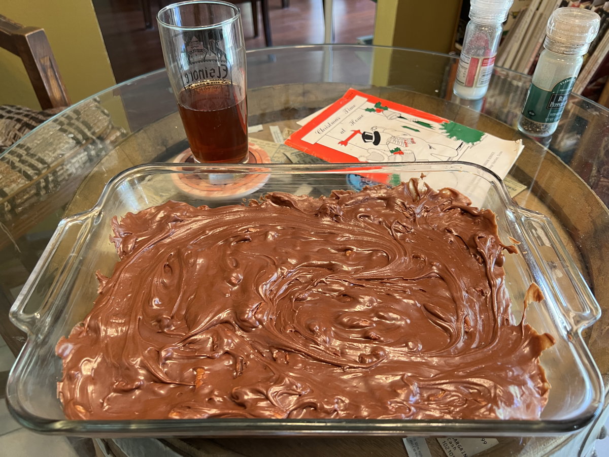 Cheese chocolate fudge: Chocolate and cream cheese fudge from the 1958 Christmas Time at Home.; chocolate; cocoa; cream cheese; fudge