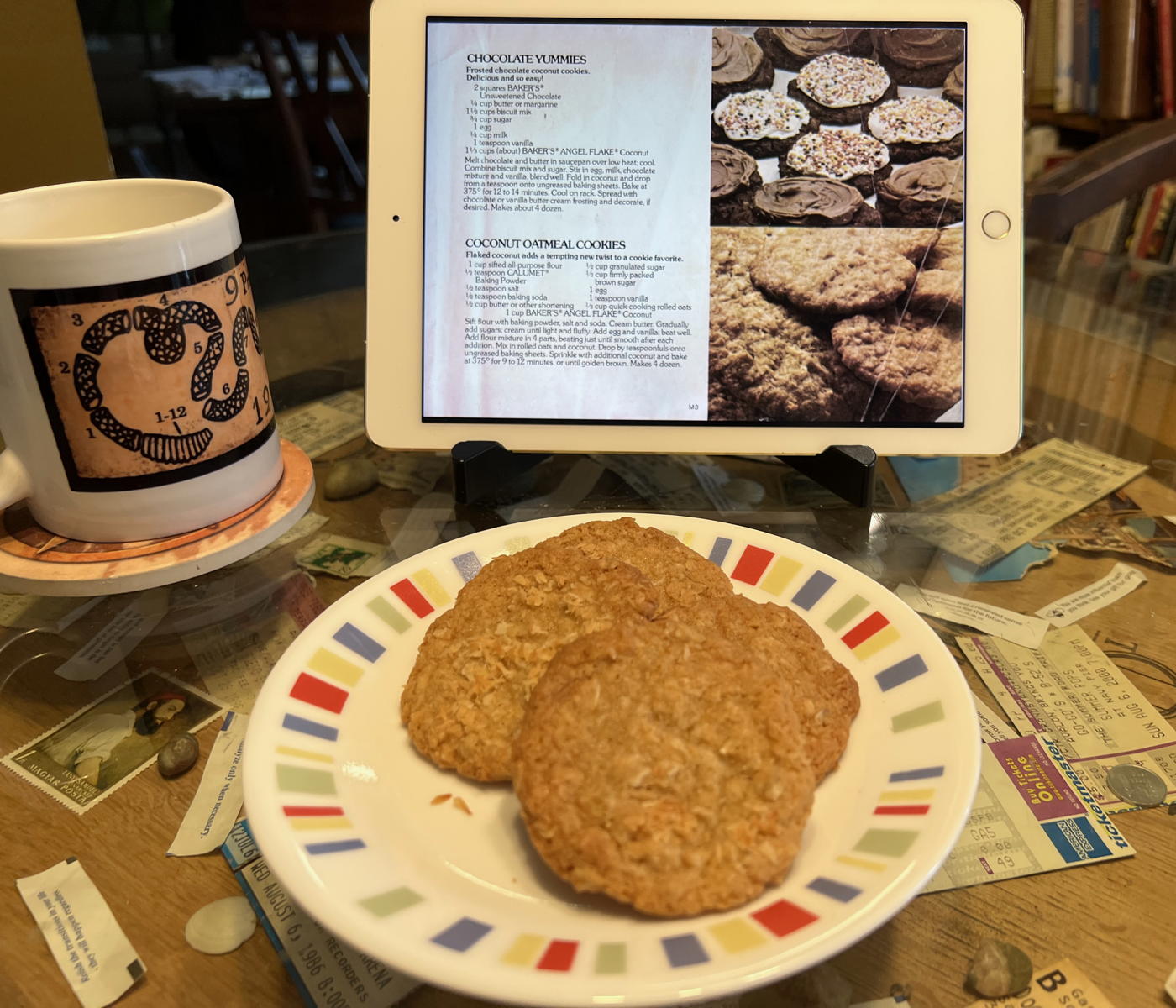 Coconut Oatmeal Cookies with recipe: Coconut Oatmeal Cookies, with the recipe from the General Foods 1976 The Baker’s Dozen.; iPad; cookies; oatmeal; coconut; Baker’s Coconut