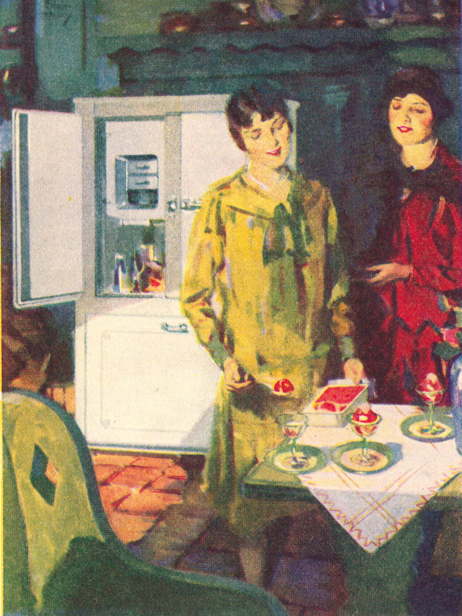 The Fruits of Your Frigidaire: Women enjoying the fruits of their Frigidaire refrigerator, from the 1928 Frigidaire Recipes.; refrigerators; Frigidaire