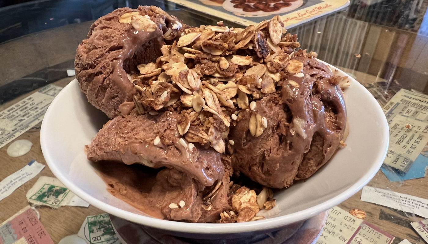 Toasty nut granola on chocolate ice cream
