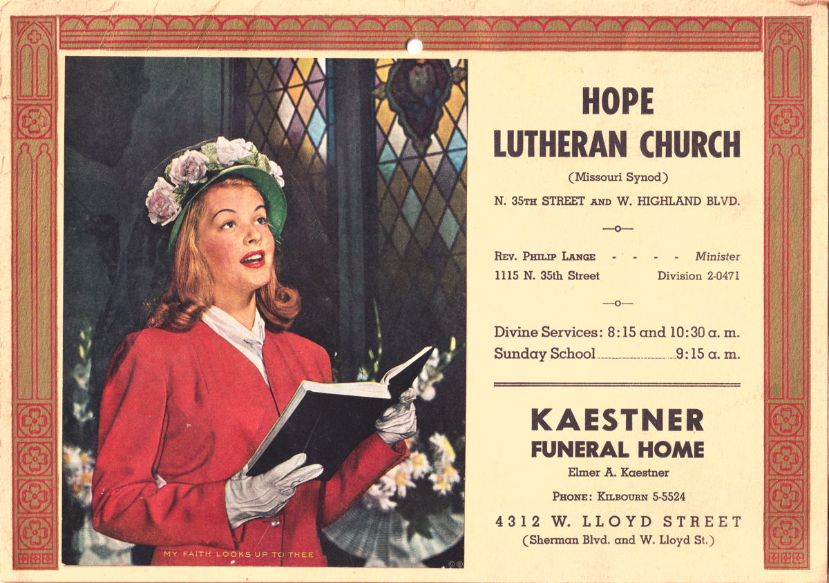 Hope Lutheran Church 1950 calendar: “My faith looks up to thee.” From a 1950 recipe calendar of Hope Lutheran Church, Milwaukee.; calendars; Milwaukee
