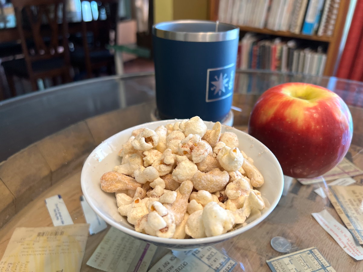 Candied Pop-Corn: Candied Pop-Corn, with cashews and an apple, from the Royal Baking Powder Co.’s 1916 Table and Kitchen.; popcorn; apples; cashews; nineteen-teens; 1910s; caramel corn; Royal Baking Powder Co.