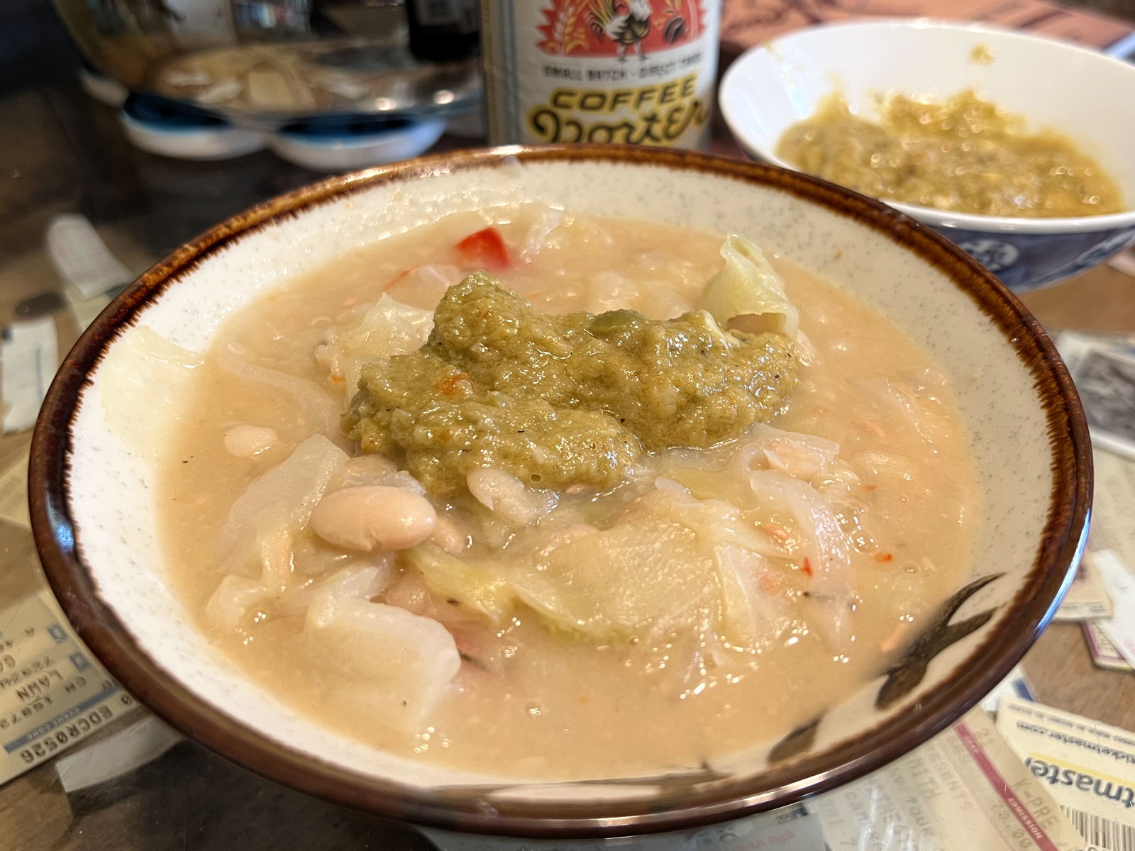 Spanish Soup with Olive Butter: Spanish Soup with Olive Butter, from the 1916 Royal Baking Powder book, Table & Kitchen.; Spanish; soups and stews; olives; cabbage; beans