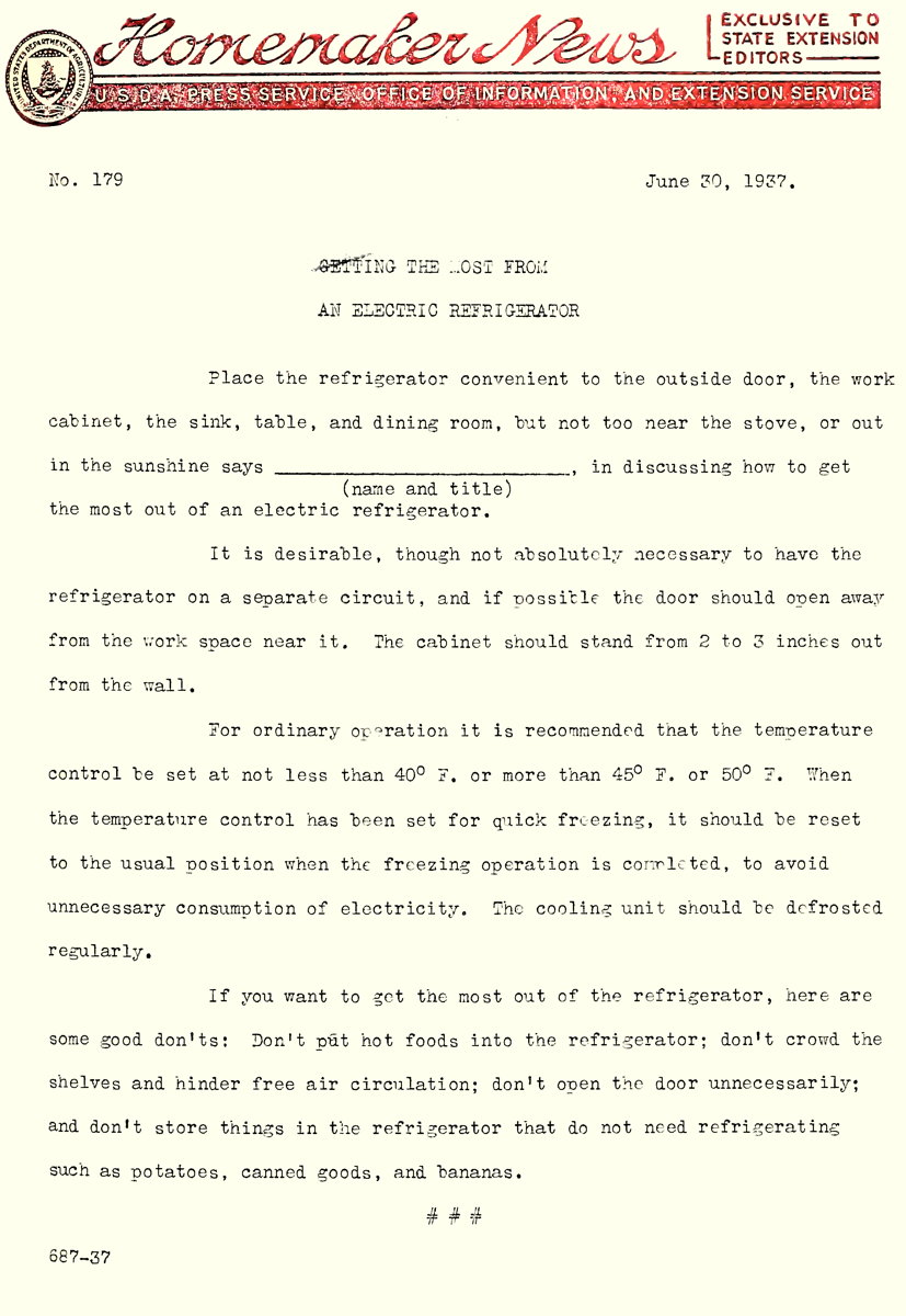 Getting the Most from your Electric Refrigerator: The June 30, 1937 edition of Homemaker News, No. 179, from the U.S.D.A. Press Service, Office of Information, and Extension Service.; USDA; refrigerators