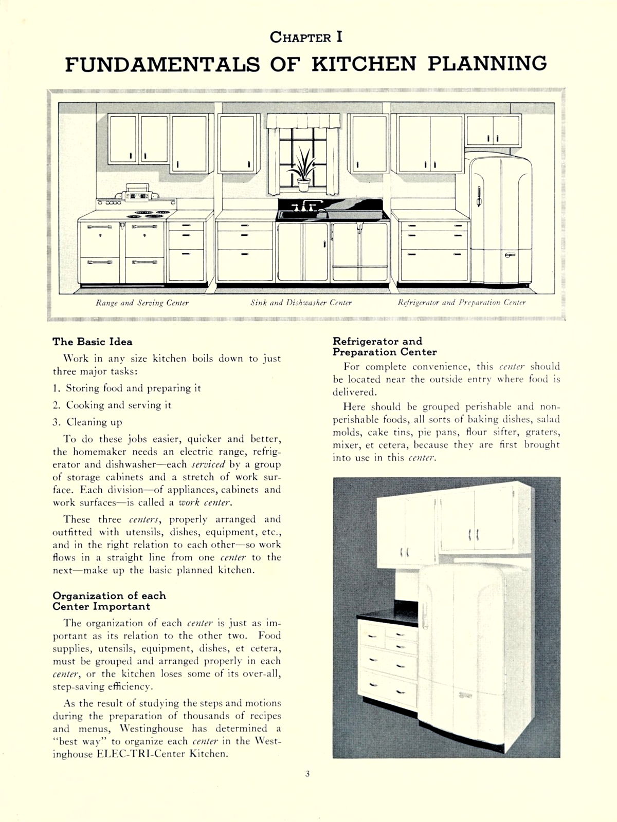 Fundamentals of Kitchen Planning: Page 3 of the Westinghouse Kitchen Planning Manual from 1939.; refrigerators; thirties; 1930s; kitchen appliances; Westinghouse Electric & Manufacturing Co.