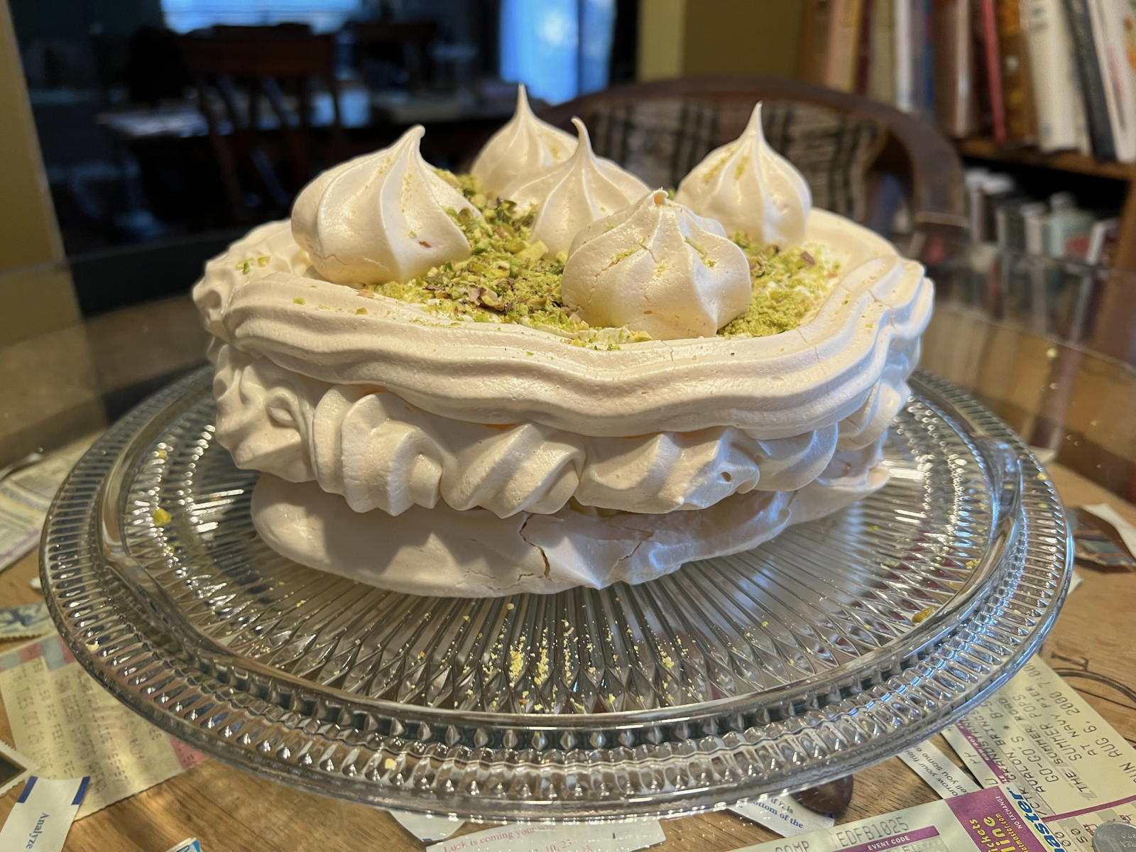 Lemon Torte: Eddie Doucette’s Angel Pie Torte, from the advertising for his “French Cooking Can Be Fun” show in the April 4, 1967, Alton Evening Telegraph.; dessert; lemons; pistachios; Eddie Doucette; meringue