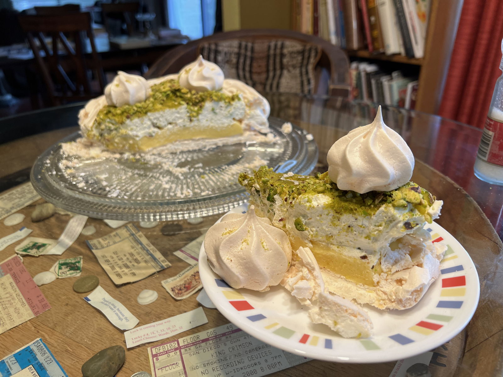 Lemon Torte Eaten: A mostly eaten Angel Pie Torte, using the recipe from Eddie Doucette’s “French Cooking Can Be Fun” show in the April 4, 1967, Alton Evening Telegraph.; dessert; lemons; pistachios; Eddie Doucette; meringue