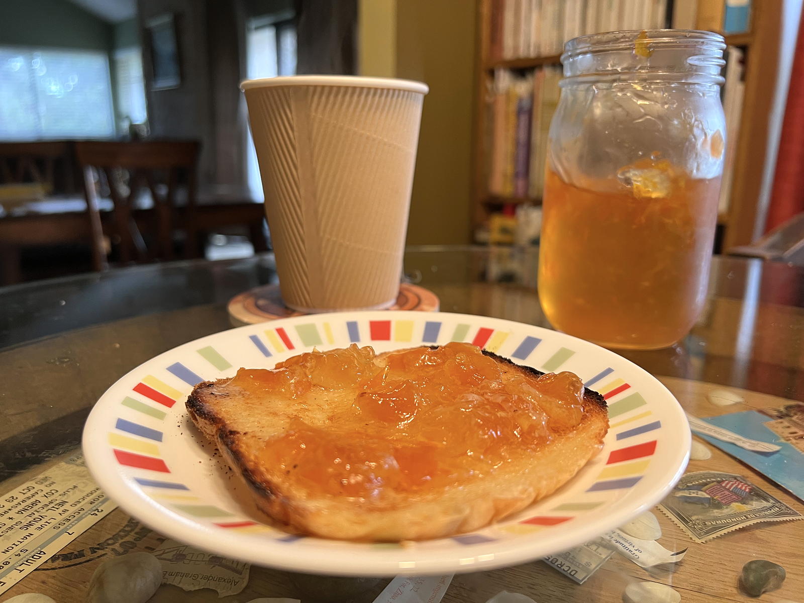 Marmalade on potato bread: Homemade marmalade on potato bread toast.; bread; jelly; jam, marmalade