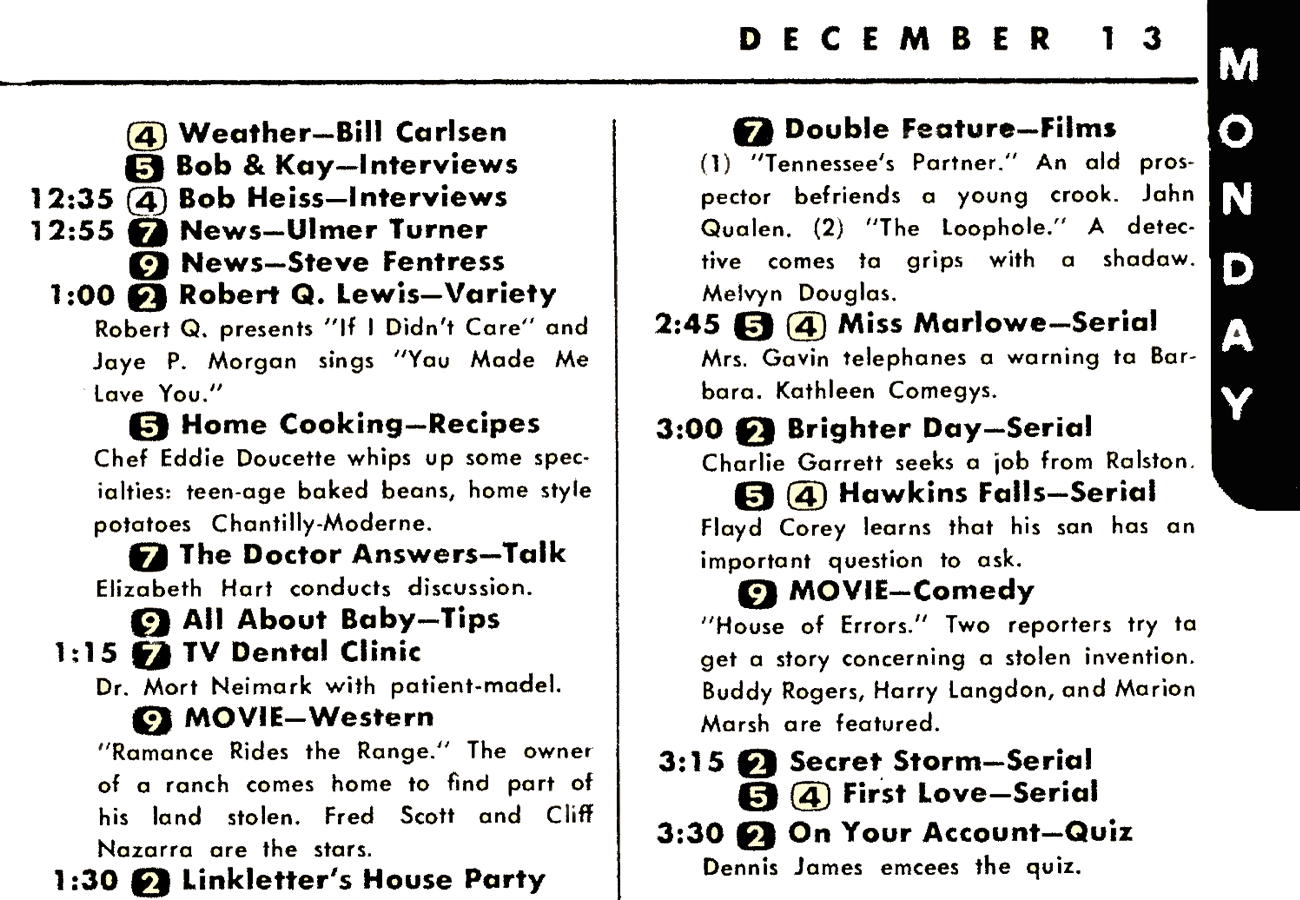 TV Guide for December 13, 1954: TV Guide for Monday, December 13, in the afternoon, including “Home Cooking” where “Chef Eddie Doucette whips up some specialties.”; television; Eddie Doucette