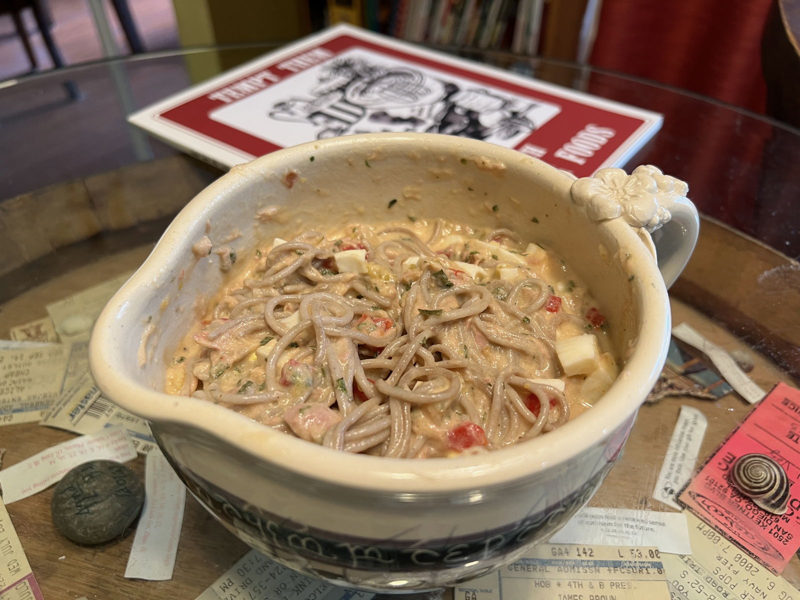 Soba Lenten Salad: Eddie Doucette’s Lenten Salad from the March 9 1962 New Madrid Weekly Record; made with soba noodles instead of macaroni.; pasta; salad; tuna; Easter; Eddie Doucette