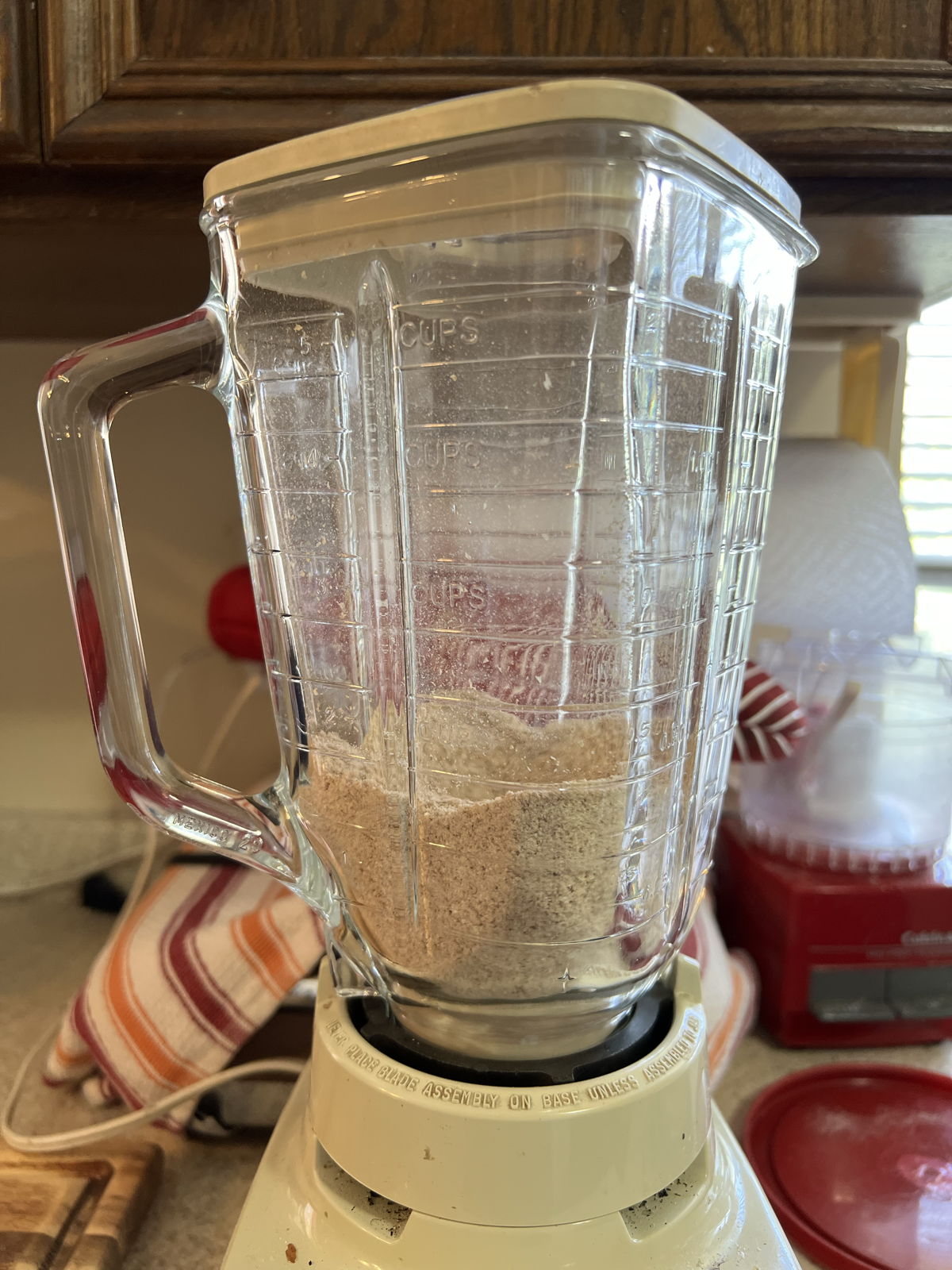 Blending graham flour: Wheat berries ground in a blender for graham flour.; Osterizer blender; blenders; Graham flour