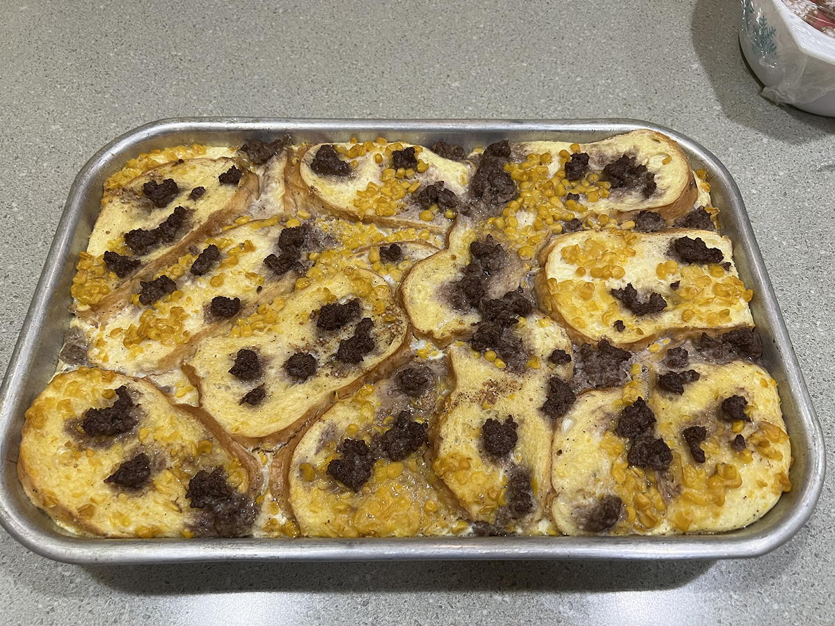 Corn-Beef Fondue: Corn-Ground Beef Fondue from the 1950 Madison Wisconsin Hope Lutheran recipe calendar.; hamburger; ground beef; casseroles; corn; bread pudding