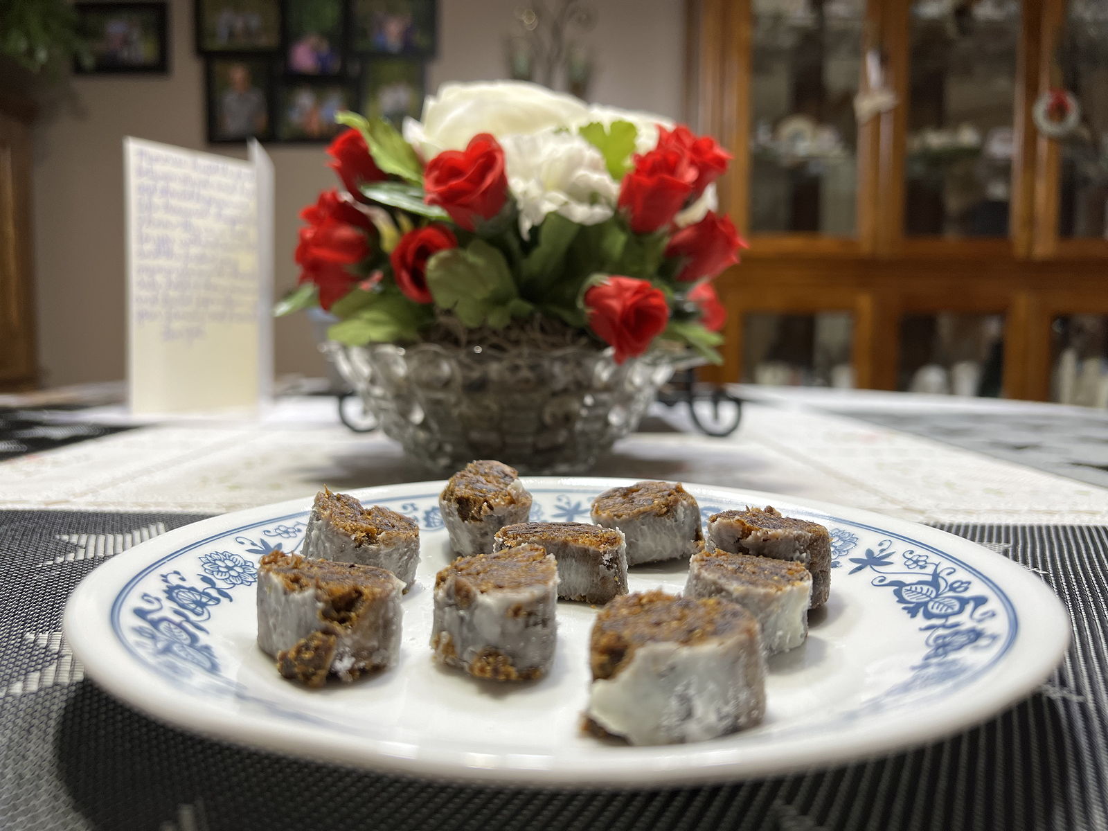 Fruited Peanut Butter Rolls: Fruited Peanut Butter Rolls from the 1950 Hope Lutheran of Milwaukee, Wisconsin, recipe calendar.; fifties; 1950s; raisins; peanut butter; figs