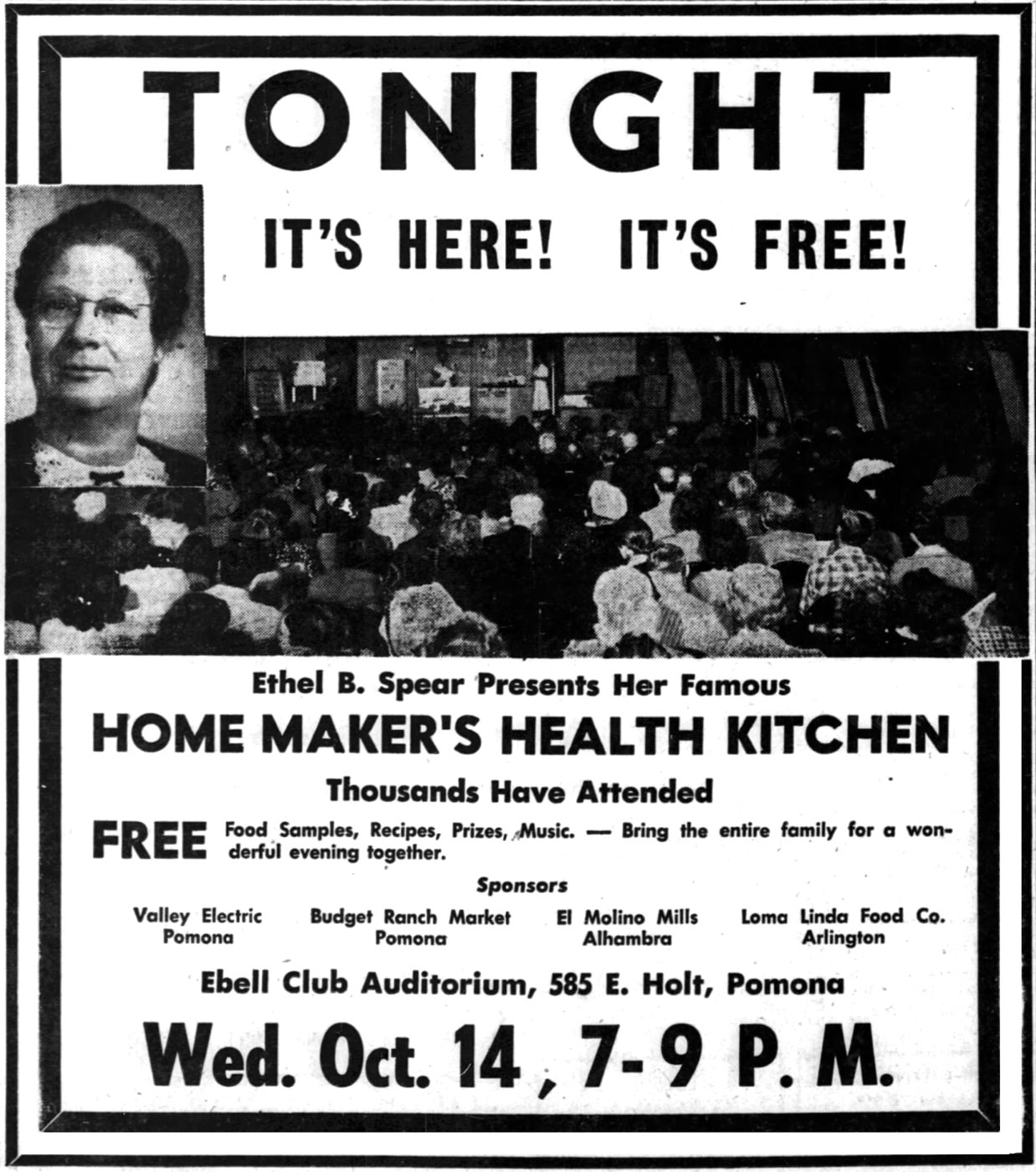 Ethel B. Spear Presents: Ethel B. Spear Presents Her Famous Home Maker’s Health Kitchen. Pomona Progress Bulletin, October 14, 1953.; El Molino Mills; Ethel B. Spear