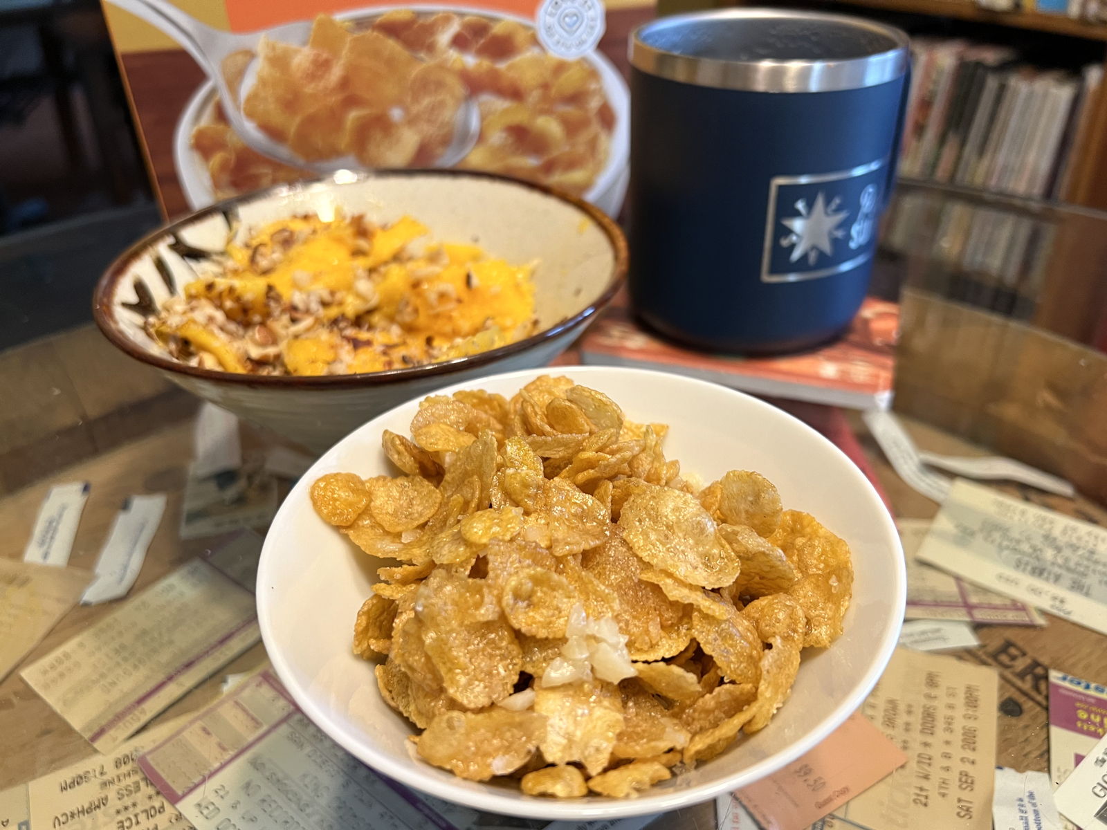 Buttered Cornflakes and Garlic: Buttered cornflakes with garlic, a treat remembered from my childhood.; salty snacks; garlic; corn flake cereal; cornflakes; My mom
