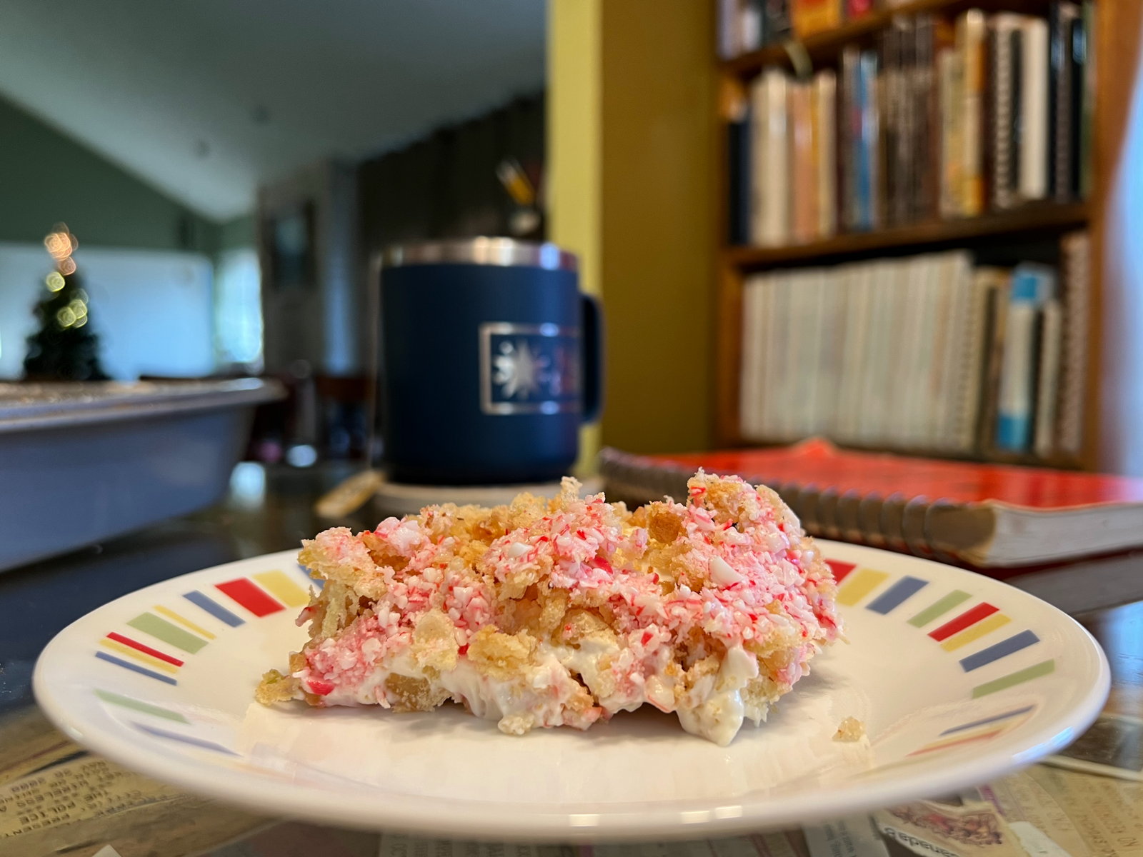 Peppermint Cream Dessert: Peppermint dessert with leftover Christmas bread, based on Mrs. Pat Kuball’s Heath Bar Dessert in the ca. 1964 All Loved and Cherished Wonders.; sixties; 1960s; Christmas; whipped cream; Easter; candy canes; peppermint sticks; Lakota, North Dakota