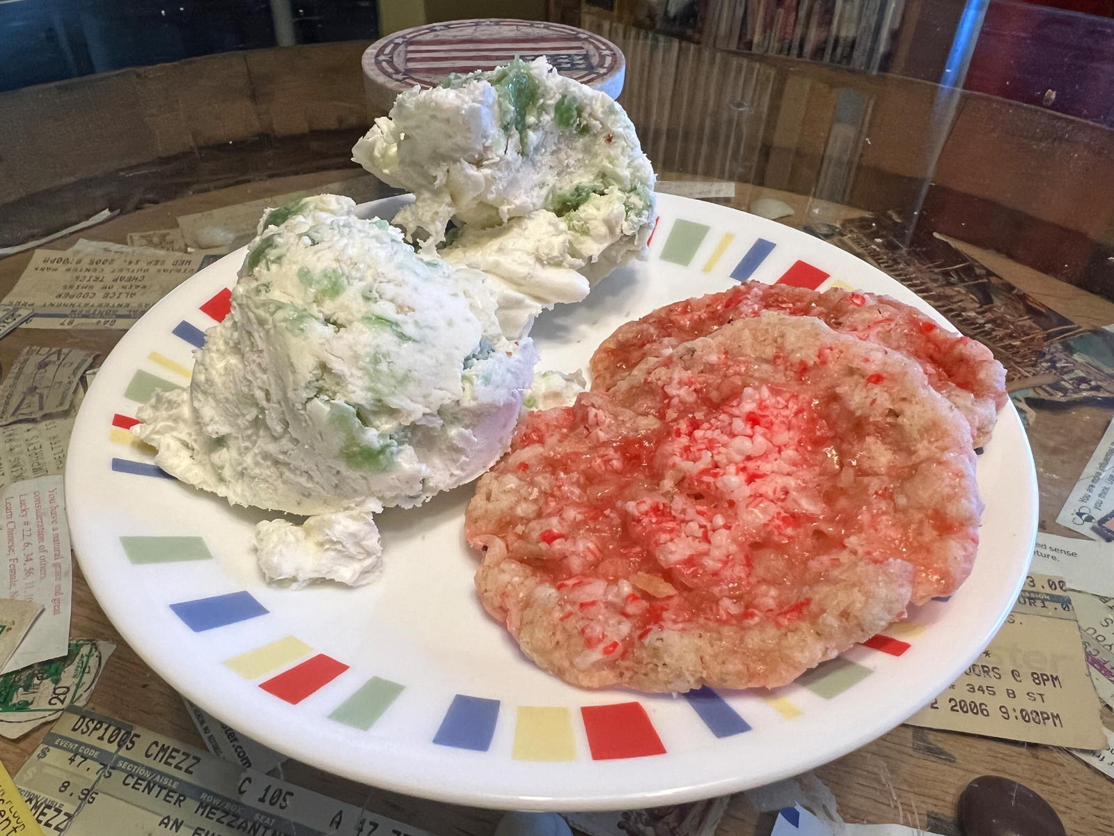Candy cane crisps and ice cream: Eva Layson’s Candy Cane Crisps, with Ice Cream from Helen and George Papashvily’s Russian Cooking.; cookies; ice cream; peppermint