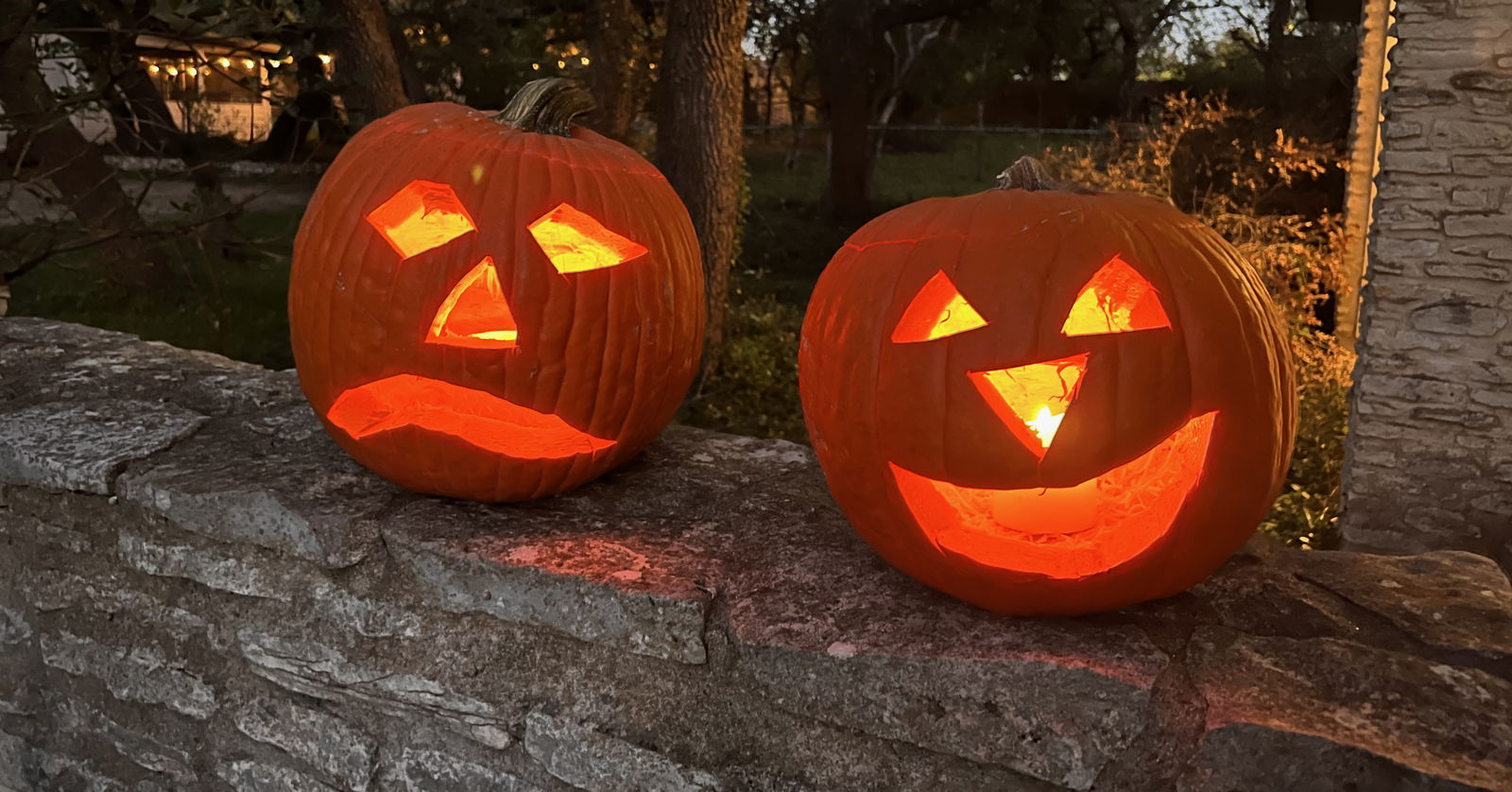 Comedy/tragedy pumpkins: Two pumpkins from Hallowe’en 2021.; Hallowe’en; pumpkins