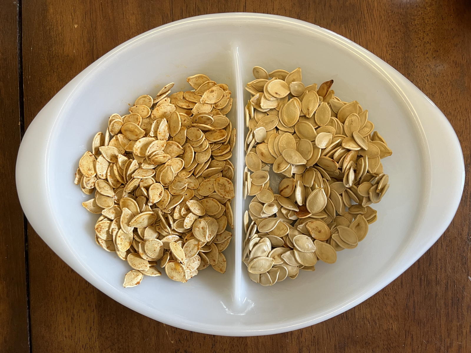 Toasted pumpkin seeds: Mary Monette’s Pumpkin Seeds (Good Snacks), from the 1981 St. Michael’s School Cook Book.; salty snacks; pumpkins