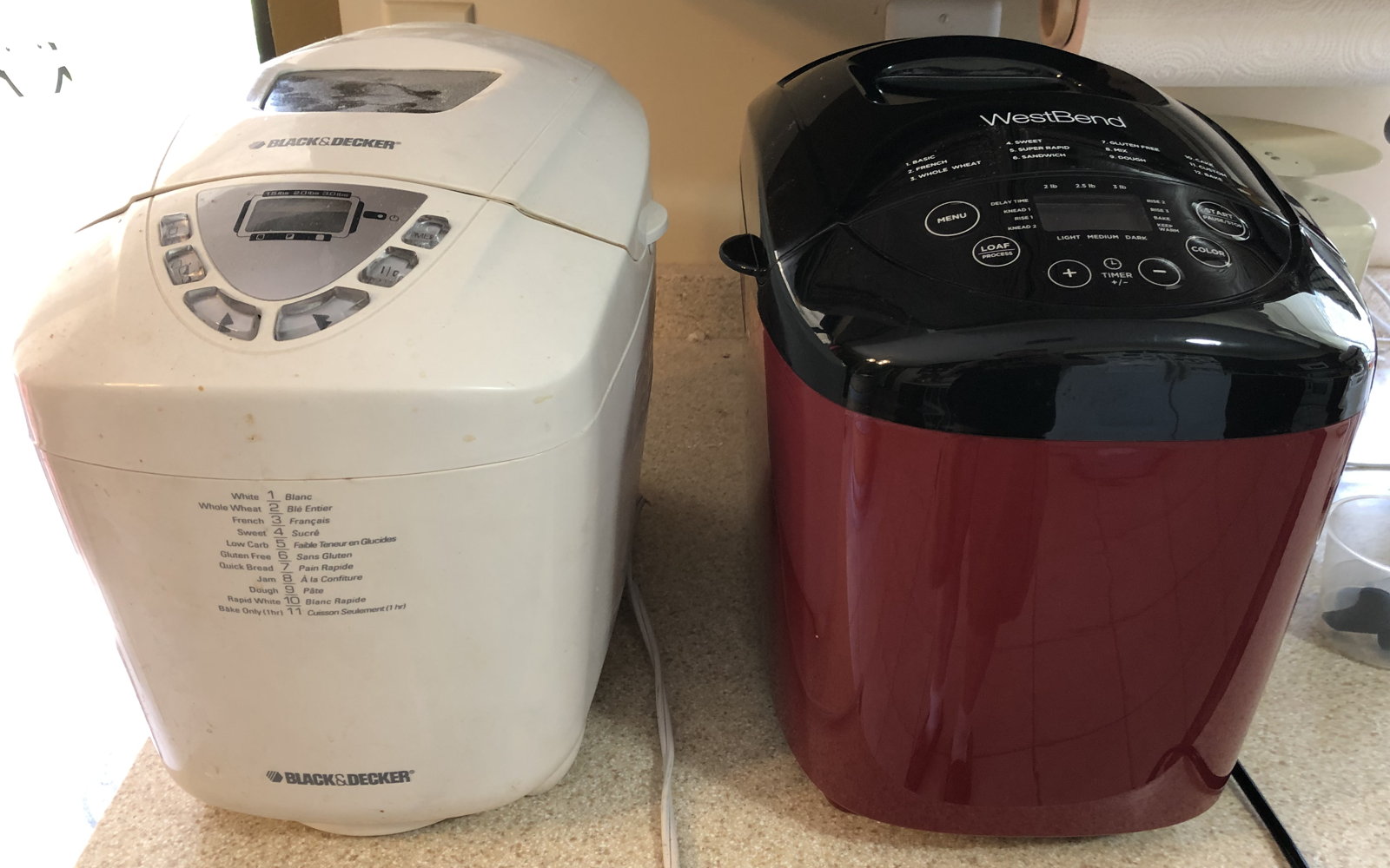 Black & Decker and West Bend breadmakers: The old Black & Decker B6000C and the new West Bend 47413 side-by-side.; bread machines; breadmakers
