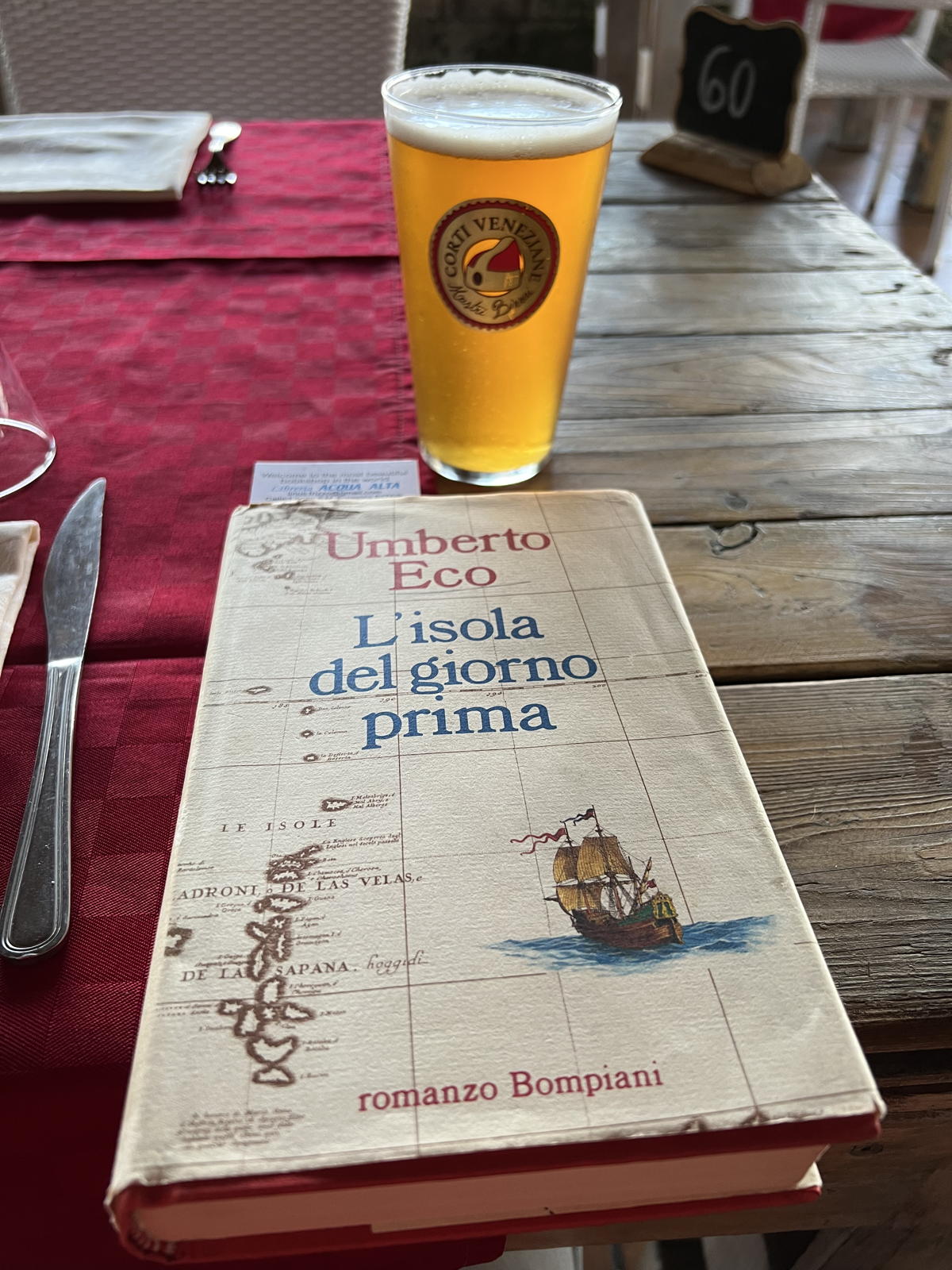 Italian beer with Umberto Eco: An Italian beer with Umberto Eco’s L’isola del giorno prima.; books; Italy; beer; Umberto Eco