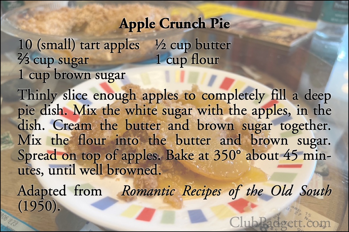 Apple Crunch Pie: Apple Crunch Pie, from the 1950 Imperial Sugar Company cookbook, Romantic Recipes of the Old South and the Great Southwest.; fifties; 1950s; pie; apples; recipe; Imperial Sugar