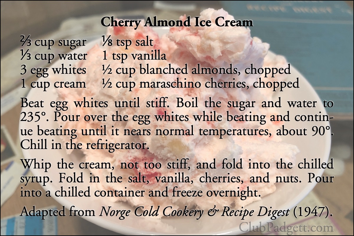 Cherry Almond Ice Cream: Cherry Almond Cream from the 1947 Norge Cold Cookery and Recipe Digest.; almonds; cherries; recipe; ice cream