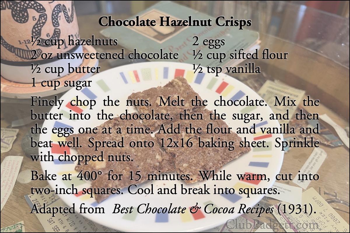 Chocolate Hazelnut Crisps: Chocolate Crispies, from the 1931 Walter Baker & Company Best Chocolate and Cocoa Recipes.; chocolate; cocoa; cookies; recipe; hazelnuts; filberts; Baker’s Coconut; thirties; 1930s