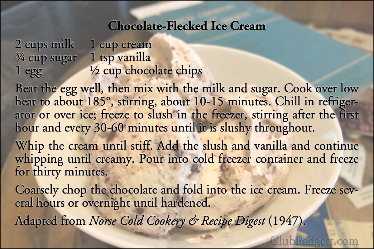 Chocolate-Flecked Ice Cream: Bonbon Chocolate Ice Cream, from the 1947 Norge Cold Cookery and Recipe Digest.; chocolate; cocoa; recipe; ice cream; refrigerators; forties; 1940s