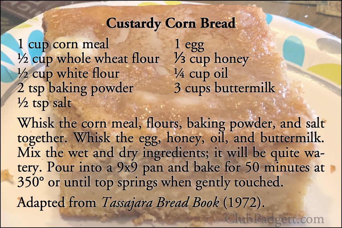 Custardy Corn Bread: Three-layer corn bread from Edward Espe Brown’s 1972 Tassajara Bread Book.; cornbread; recipe