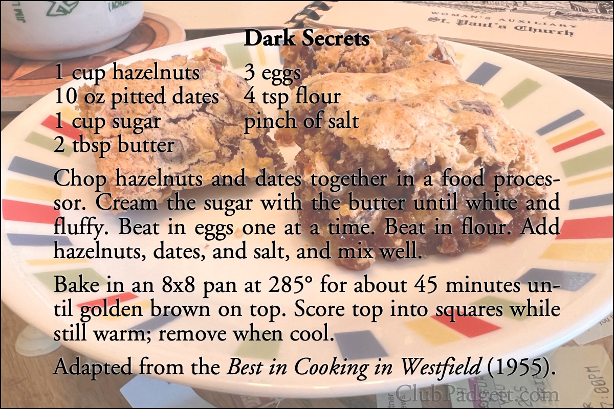 Dark Secrets: Dark Secrets by Mrs. A.B. Borden, from the 1955 Best in Cooking in Westfield, New Jersey.; dates; recipe; hazelnuts; filberts