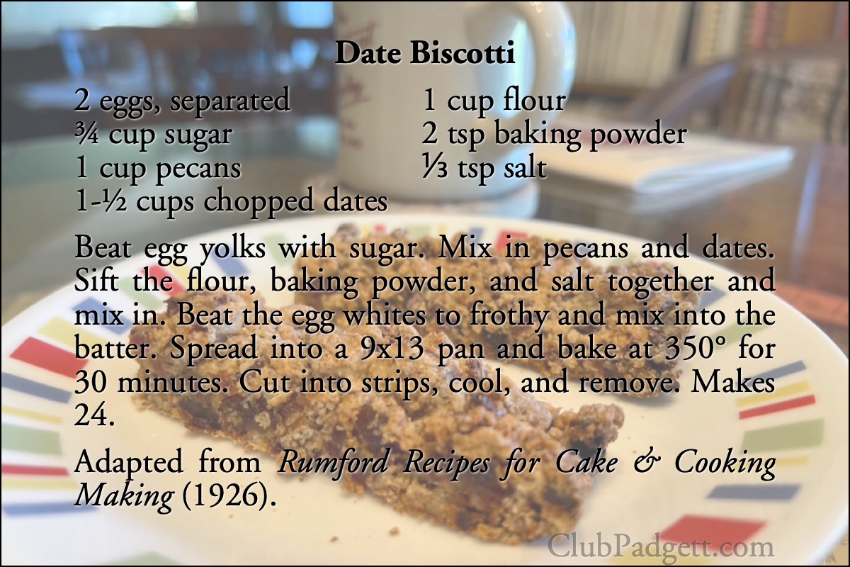 Date Biscotti: Date Sticks from the 1926 Rumford Recipes for Cake and Cookie Making.; pecans; dates; recipe; twenties; 1920s; biscotti