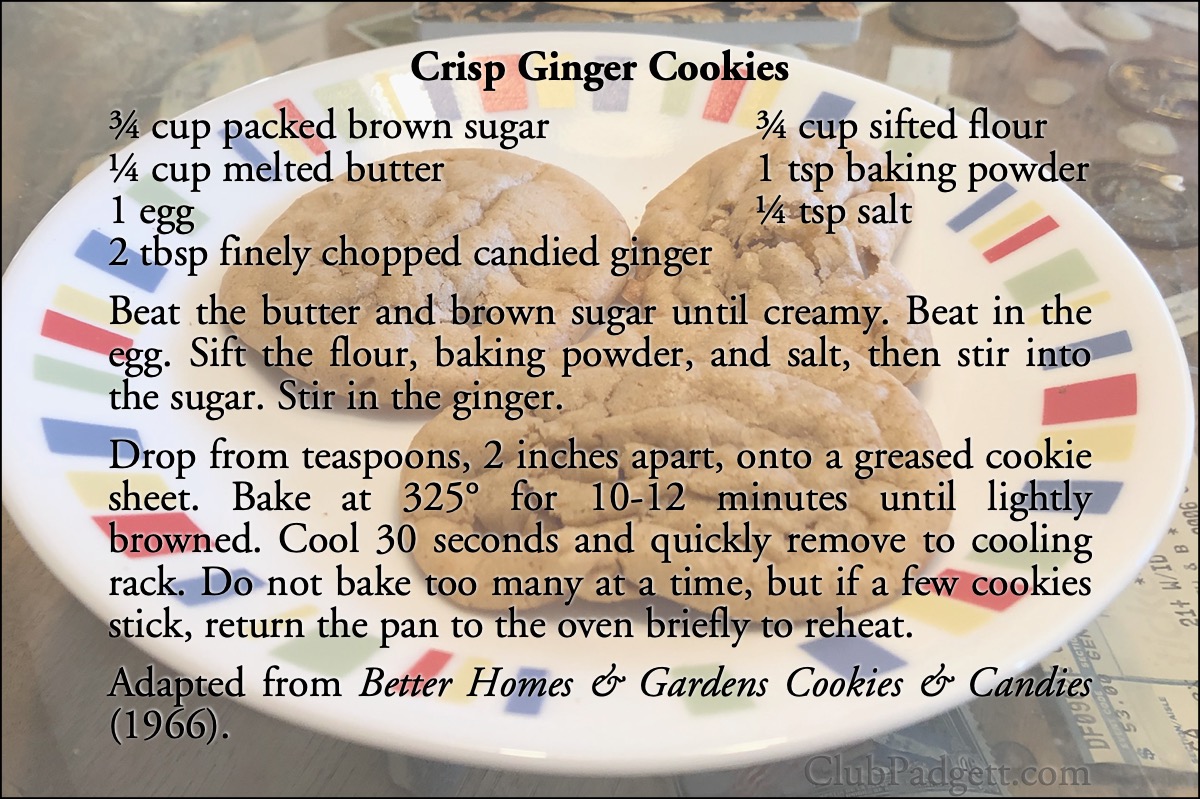 Crisp Ginger Cookies: Crisp Ginger Cookies, from the 1966 Better Homes and Gardens Cookies and Candies.; cookies; Better Homes and Gardens; recipe; ginger