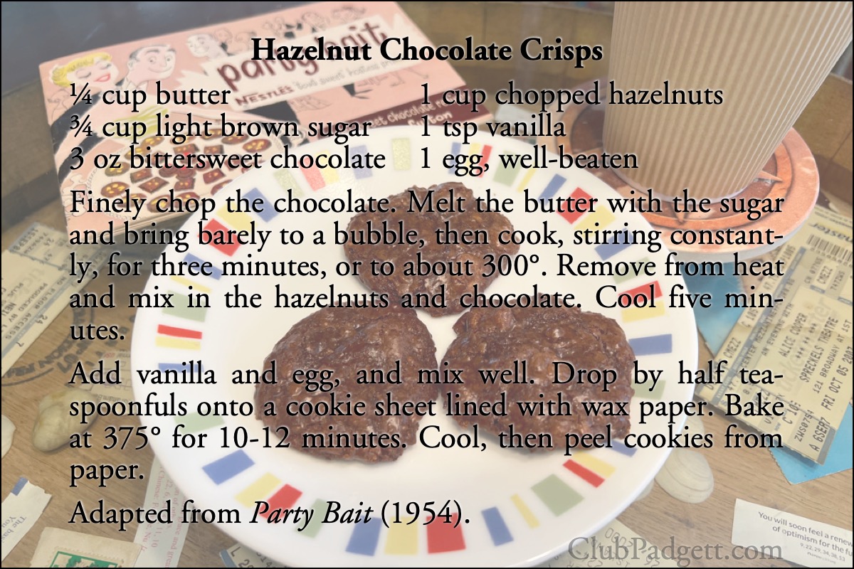 Hazelnut Chocolate Crisps: Chocolate Crisps from the 1954 Nestlé’s Party Bait semi-sweet chocolate recipes by Jane Fulton.; chocolate; cocoa; cookies; recipe; hazelnuts; filberts; Nestlé’s