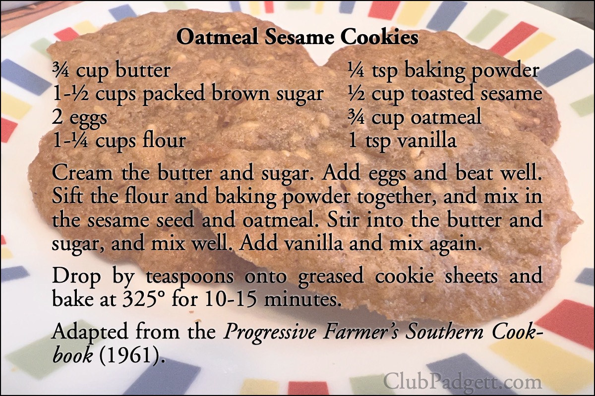 Oatmeal Sesame Cookies: Sesame Seed Cookies from the 1961 Progressive Farmer’s Southern Cookbook.; sixties; 1960s; cookies; Southern Living; sesame; oatmeal; recipe