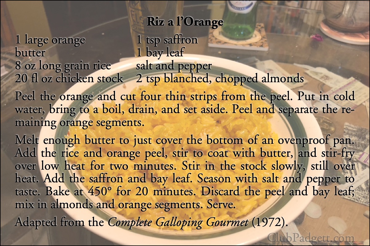 Riz a l’Orange: Riz a l’Orange from the 1972 Complete Galloping Gourmet by Graham Kerr.; seventies; 1970s; rice; oranges; recipe