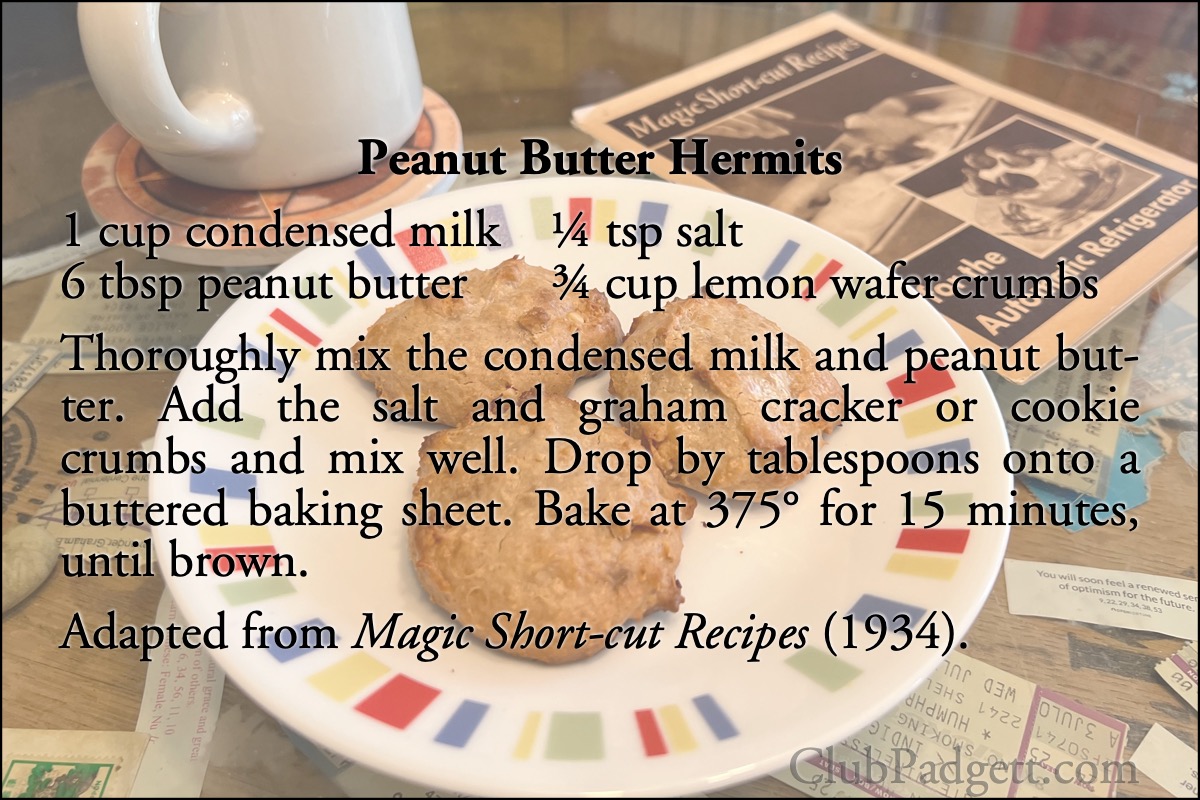 Peanut Butter Hermits: Peanut Butter Hermits from Borden’s 1934 Magic Short-cut Recipes.; cookies; peanuts; recipe; sweetened condensed milk; Borden’s Eagle Brand; thirties; 1930s