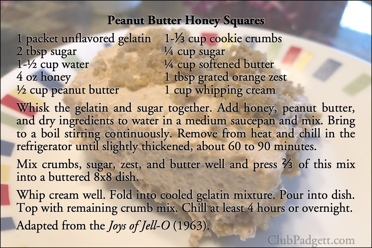 Peanut Butter Honey Squares: Cranberry Squares from the 1962 Joys of Jell-O.; sixties; 1960s; dessert; gelatin; peanuts; recipe; Jell-O