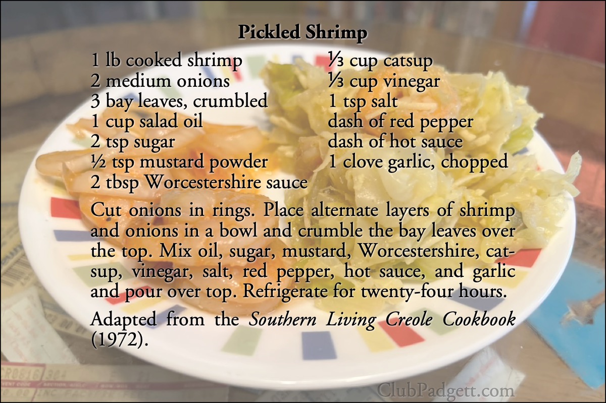 Pickled Shrimp: Pickled Shrimp, from the 1972 Southern Living Creole Cookbook, and contributed by Mrs. John Sawyer Barr, III, Oak Ridge, Louisiana.; seventies; 1970s; Southern Living; recipe; shrimp; pickled food